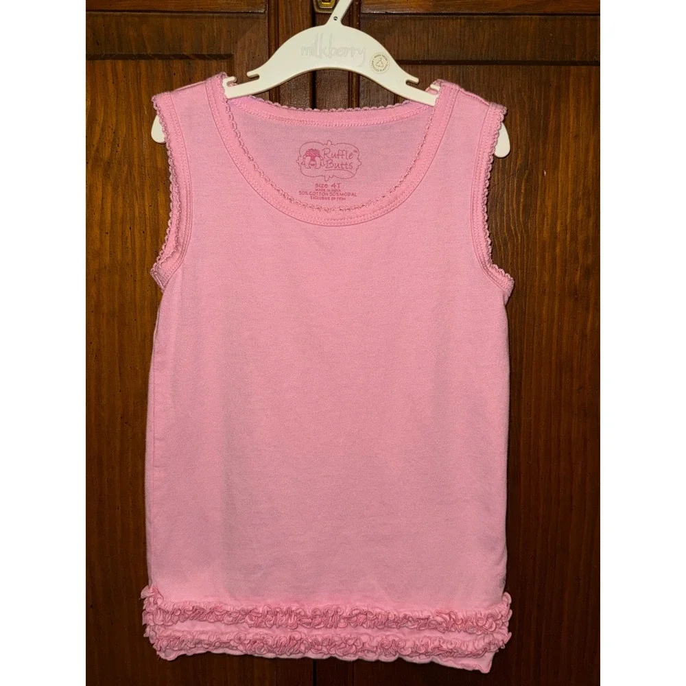RuffleButts Girls Pink Ruffle Hem Sleeveless Tank Top Size 4T Cotton Modal Blend